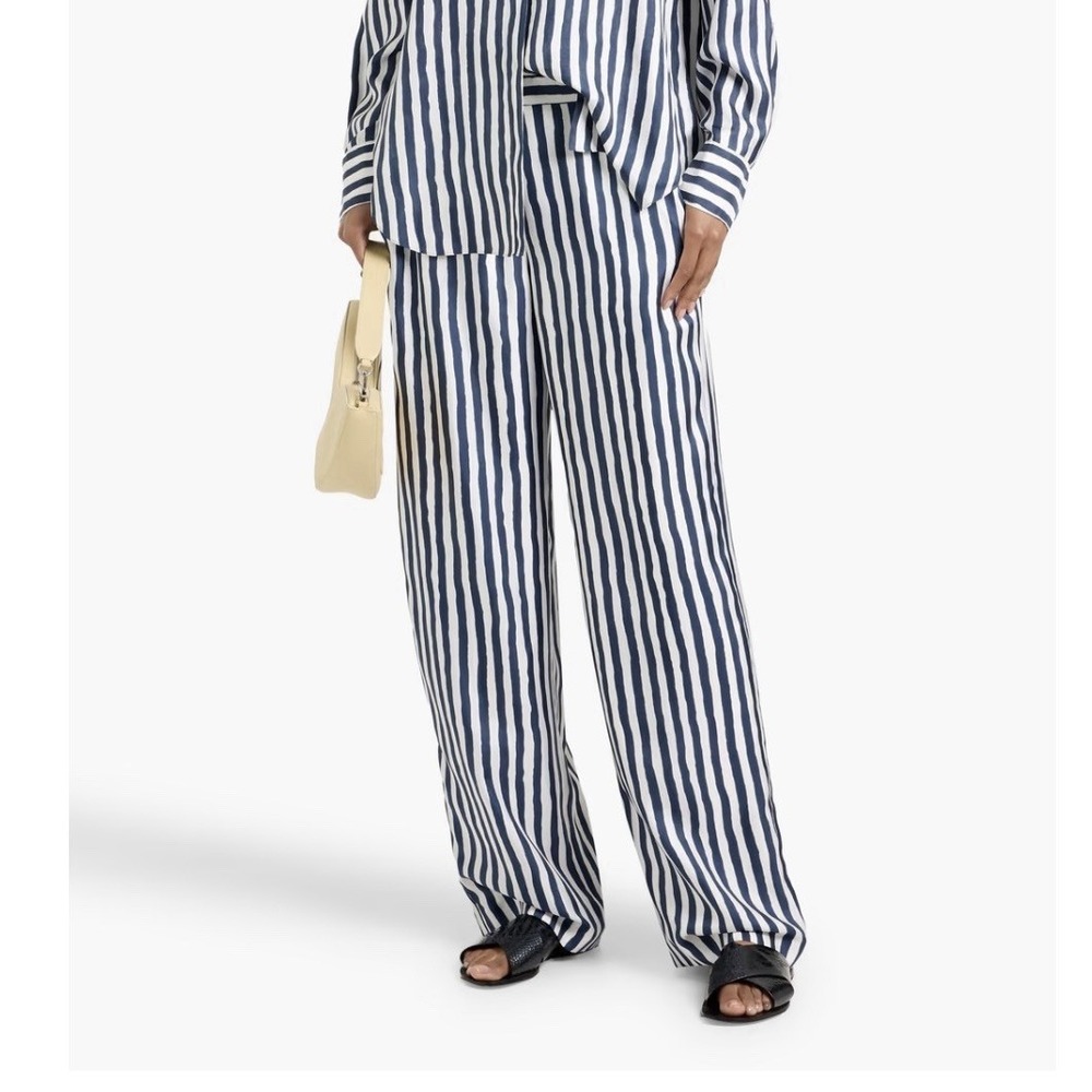 Theory Pajeema 100% Silk Stripe Pull On Wide Leg Pants Blue White 10